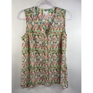 J. Jill Top Women's Sz XS Multi Hi Low Hem Button Sleeveless Side Slits